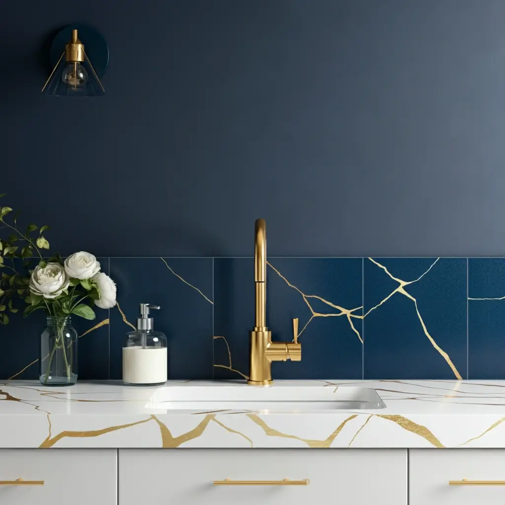 blue and gold bathroom