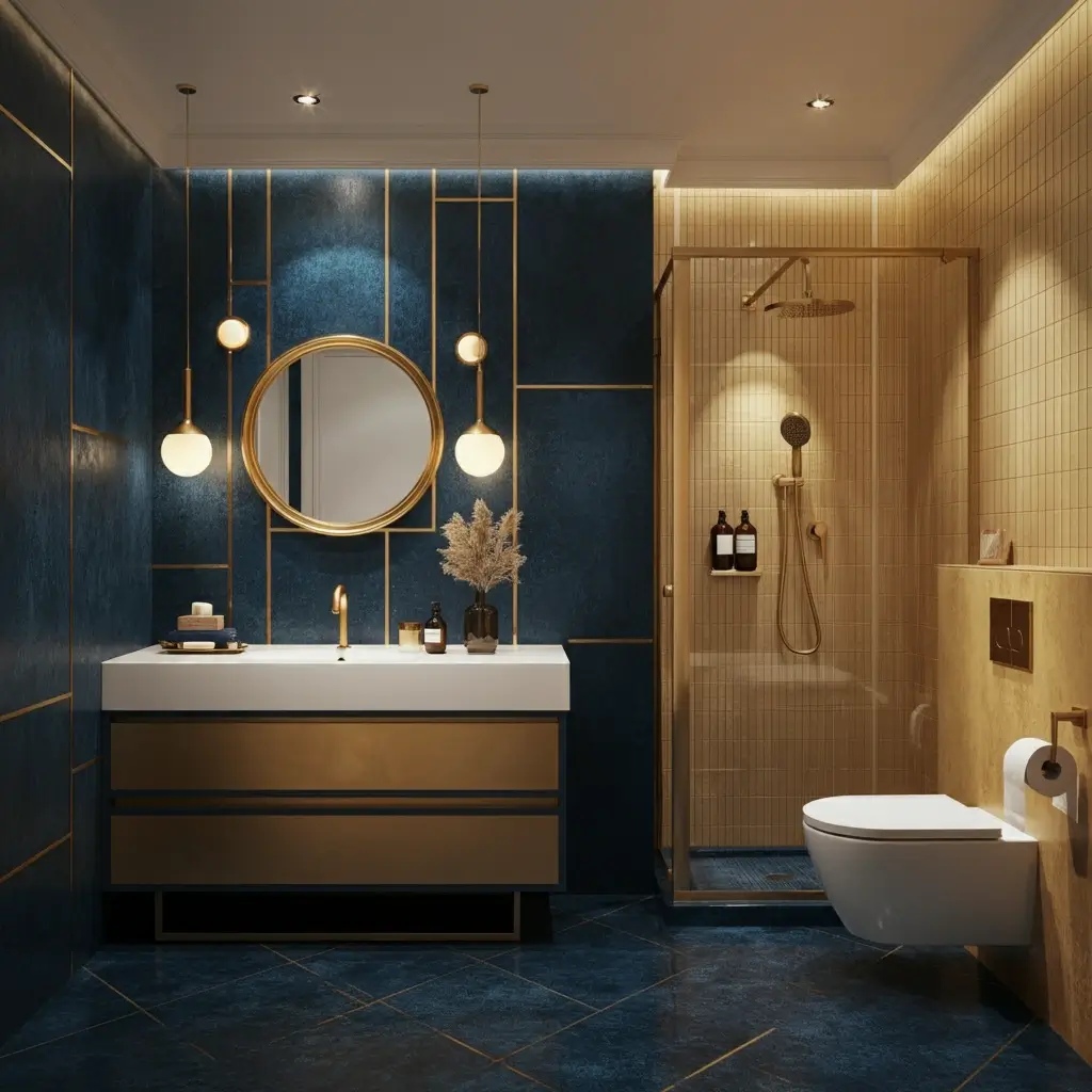 blue and gold bathroom