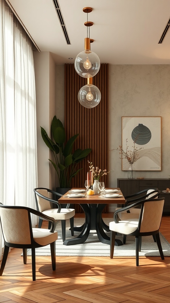 A stylish japandi dining room featuring elegant lighting, a wooden table, and minimalist decor.
