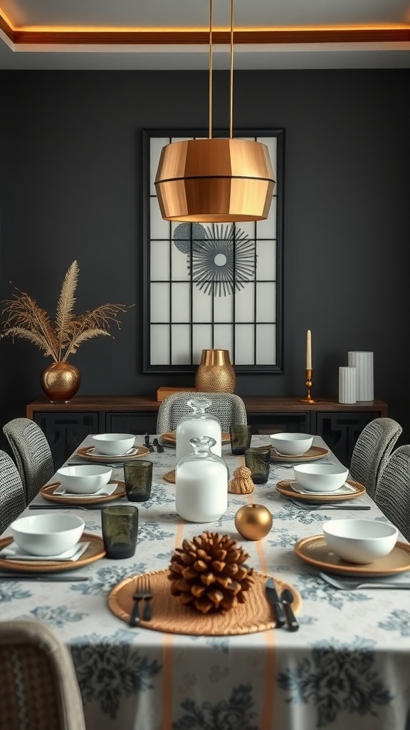 A stylish Japandi style dining room featuring a beautifully set table with minimalistic decor.