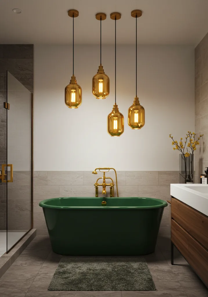 Gold pendant lights hanging above a green bathtub in a stylish bathroom.