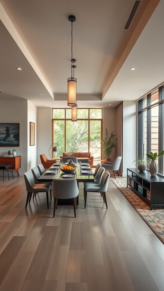 Modern open-concept Japandi style dining room with a large table and natural light.