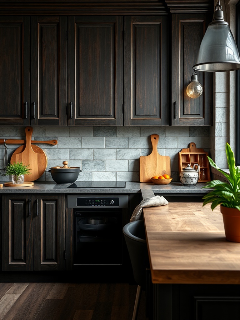 A modern kitchen featuring walnut dark wood cabinets and light countertops.