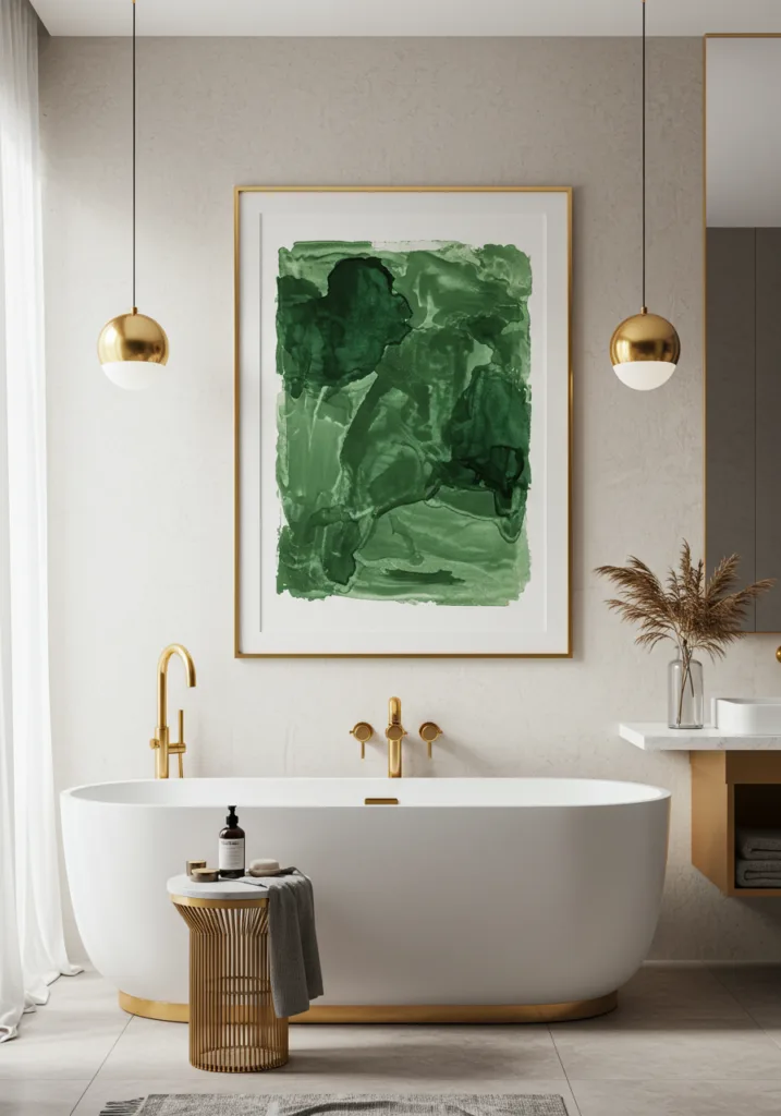Framed green abstract artwork in a stylish bathroom with gold accents.