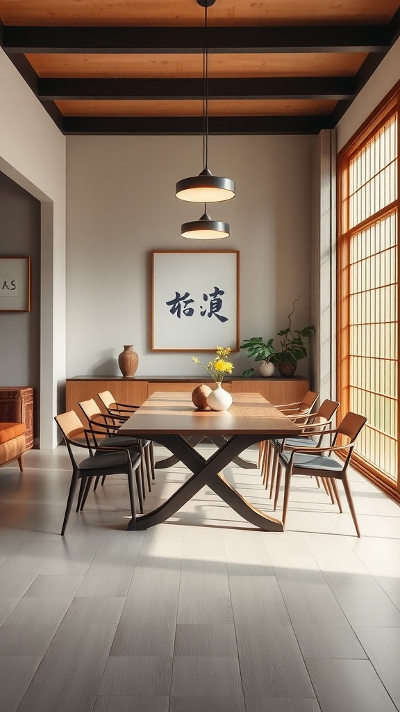 A beautifully designed japandi style dining room with a large wooden table and minimalist decor.