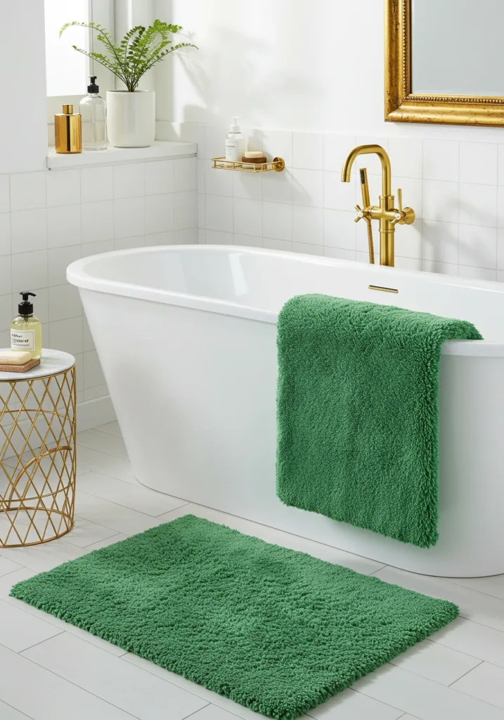 A green bath mat in a stylish bathroom setting with gold accents and a white bathtub.