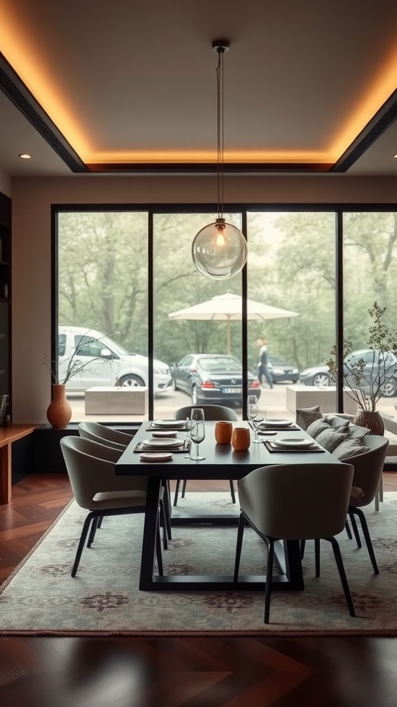 A stylish Japandi dining room featuring a modern table, comfortable chairs, and large windows with greenery outside.