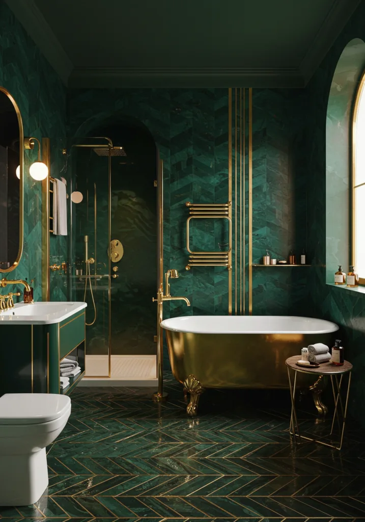 Elegant dark green and gold art deco bathroom with luxurious elements.