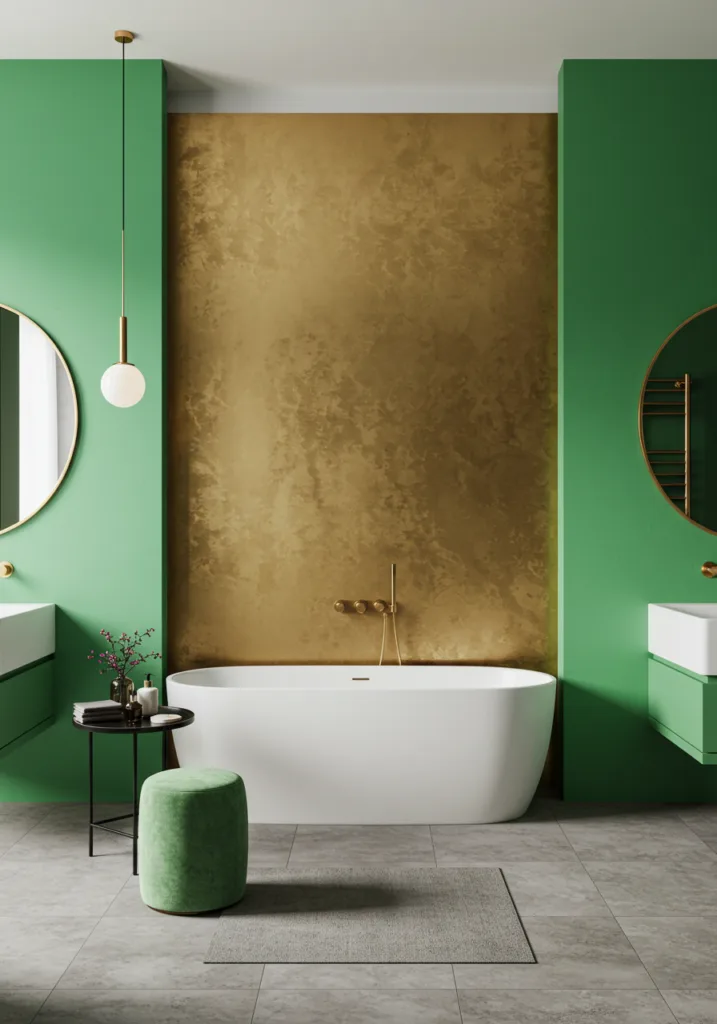 A beautifully designed bathroom featuring green and gold color-blocked walls with a bathtub.