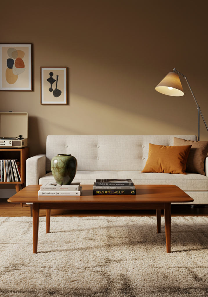 A living room featuring a mid century modern coffee table with dark sofas and modern art on the walls.