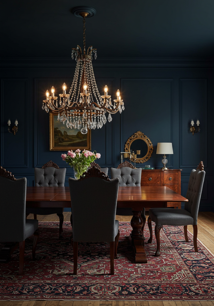 A moody dining room featuring dark walls, elegant furniture, and a stylish chandelier.
