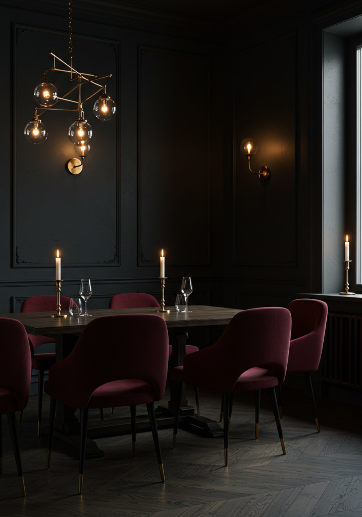 A stylish dark moody dining room with a wooden table and plush chairs.