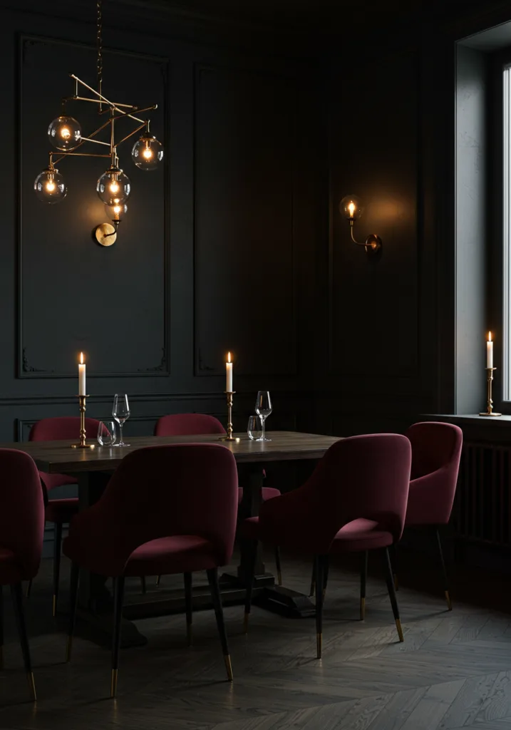 A stylish dark moody dining room with a wooden table and plush chairs.