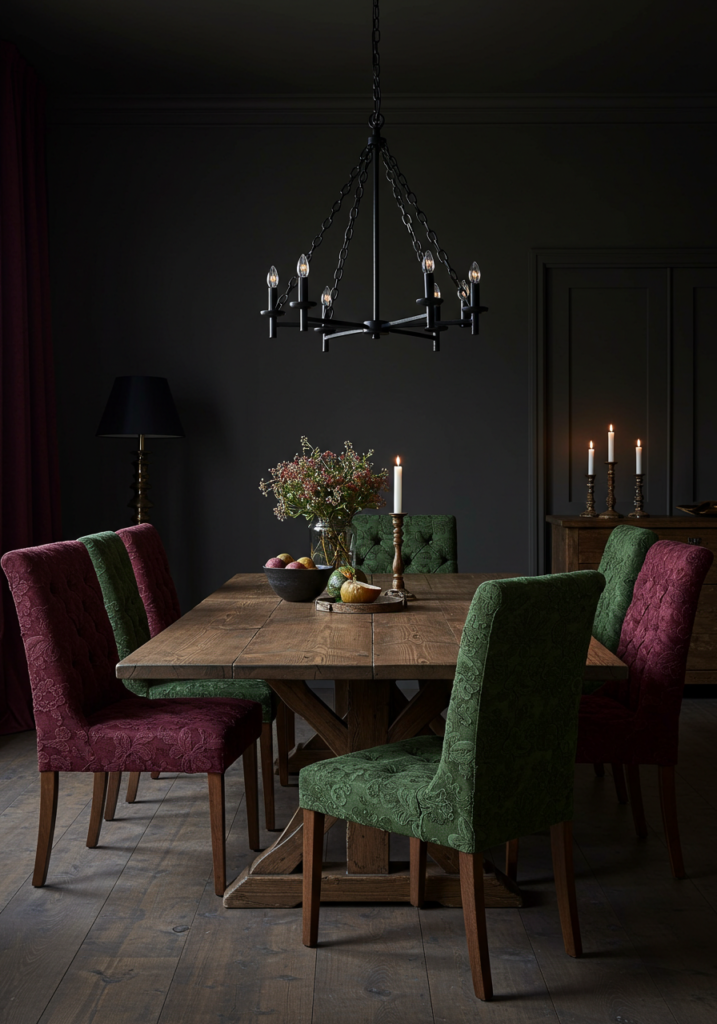 A dark moody dining room with textured fabrics on chairs and a wooden table.