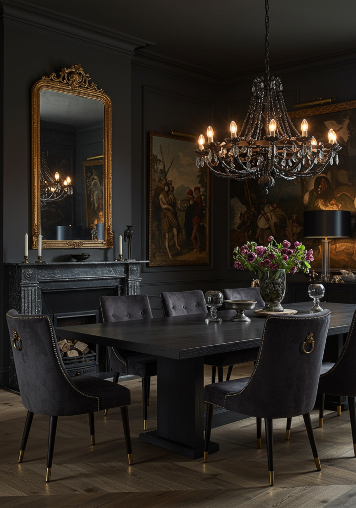 A dark moody dining room with elegant decor and contrasting elements .