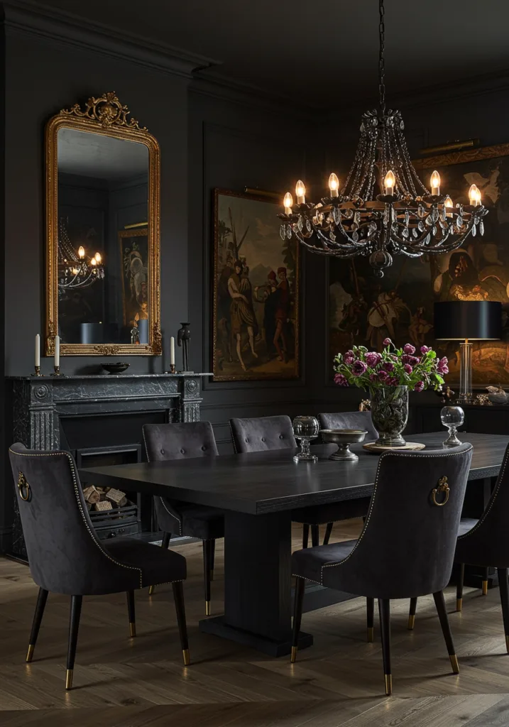 A dark moody dining room with elegant decor and contrasting elements .