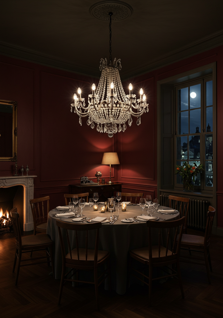 A dark moody dining room featuring a round table, elegant chandelier, and rich wall colors.