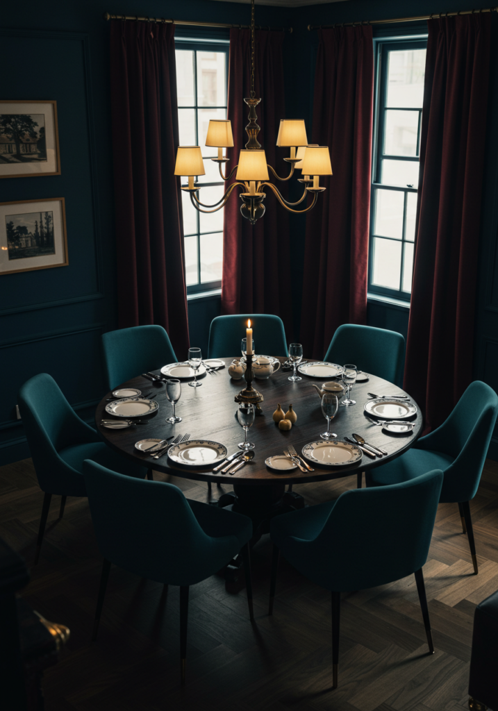 A cozy dark moody dining room featuring a round table, elegant chairs, and soft curtains.