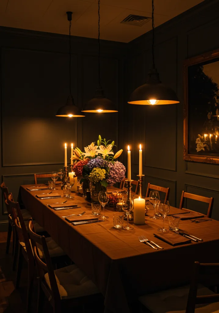 A dark moody dining room with a wooden table set for dinner, illuminated by candles and pendant lamps.