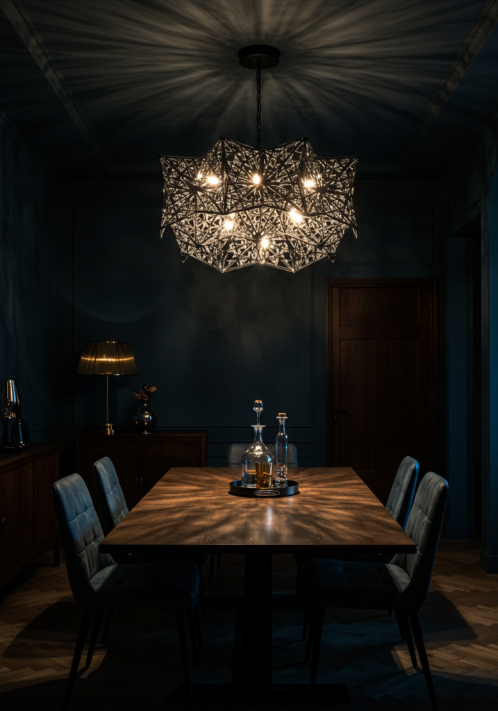 A dark moody dining room with stylish light fixtures and a wooden dining table.