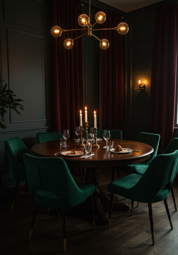 A moody dining room featuring dark walls, elegant lighting, and classic artwork.