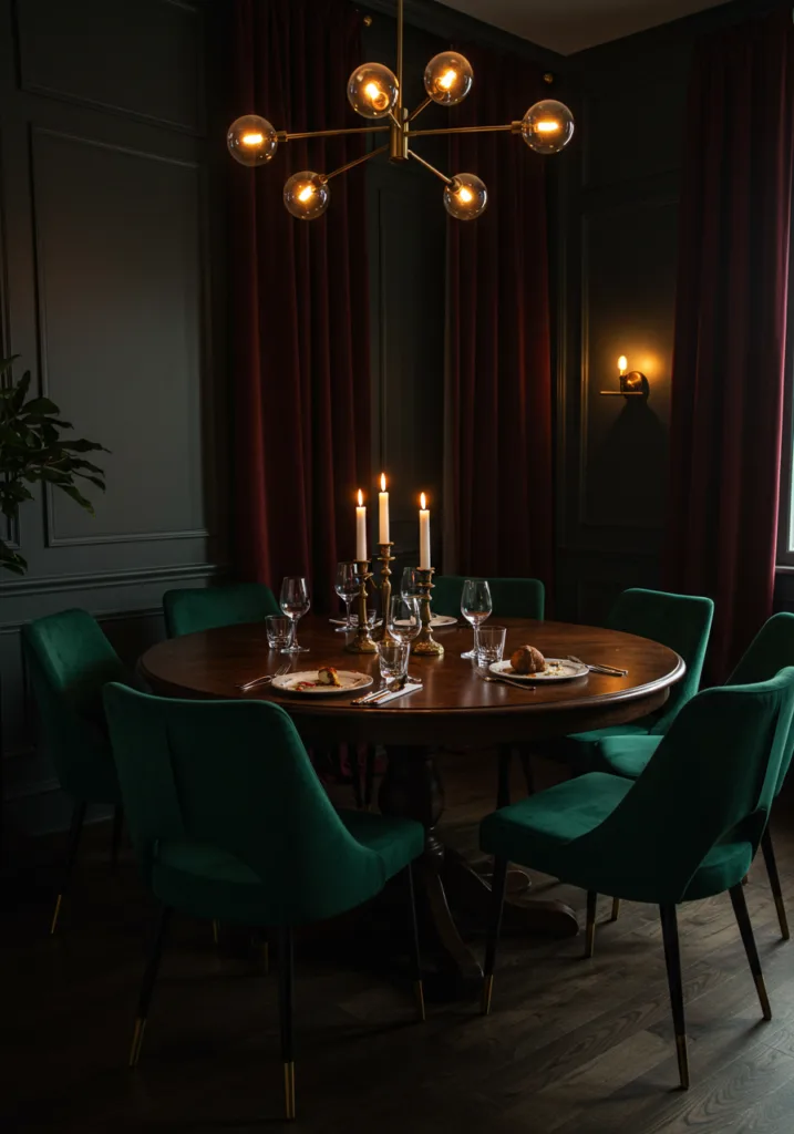 A moody dining room featuring dark walls, elegant lighting, and classic artwork.