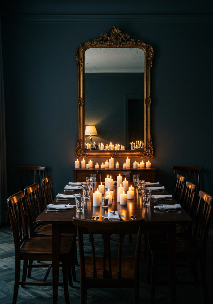 A moody dining room with a large mirror reflecting candlelight.