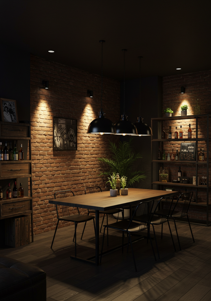 A stylish dark moody dining room featuring industrial-chic design with brick walls and modern furniture.