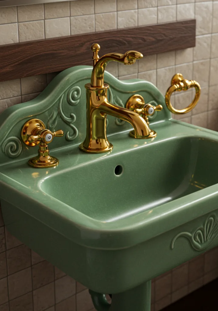 A vintage green ceramic sink with gold fixtures and decorative elements.