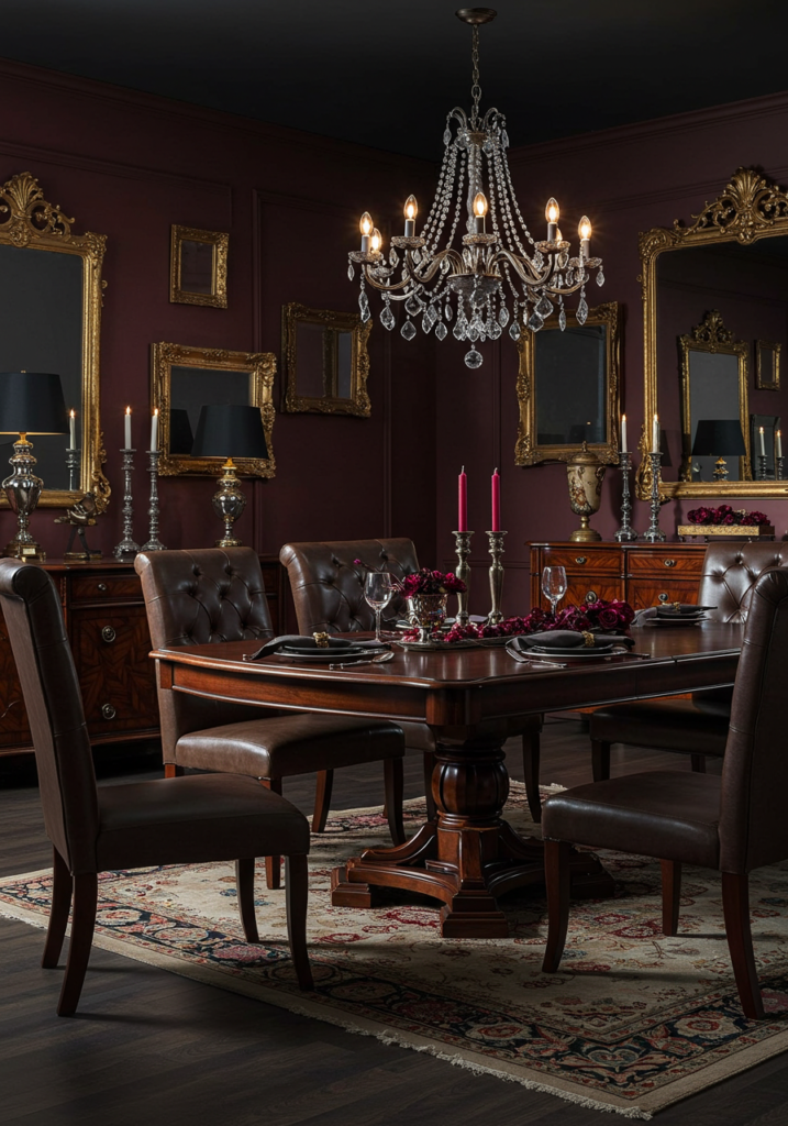 A dark moody dining room featuring elegant furniture and tasteful decor.