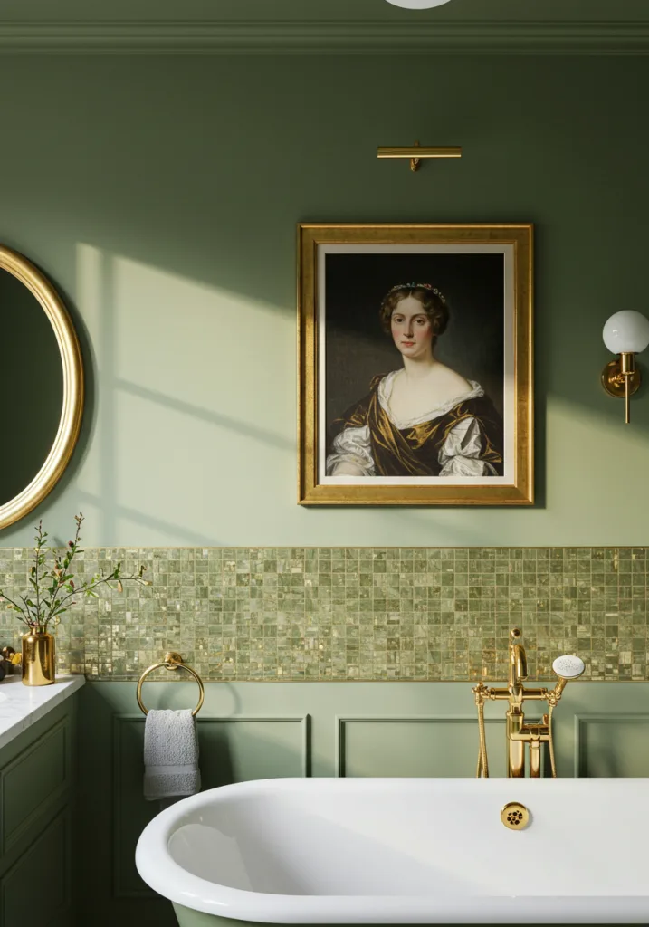 Elegant gold framed artwork in a green and gold bathroom setting.