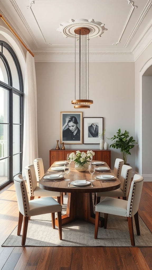 A stylish japandi style dining room featuring a large wooden table, elegant chairs, and soft lighting.