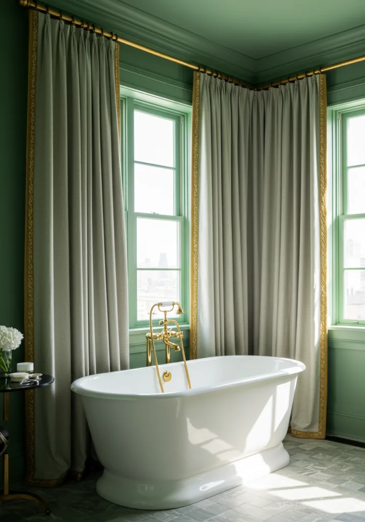 A bathroom with gold trimmed window treatments and a green wall, featuring a white bathtub and natural light.