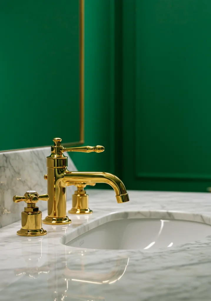 A luxurious bathroom sink with gold faucets and a green background.