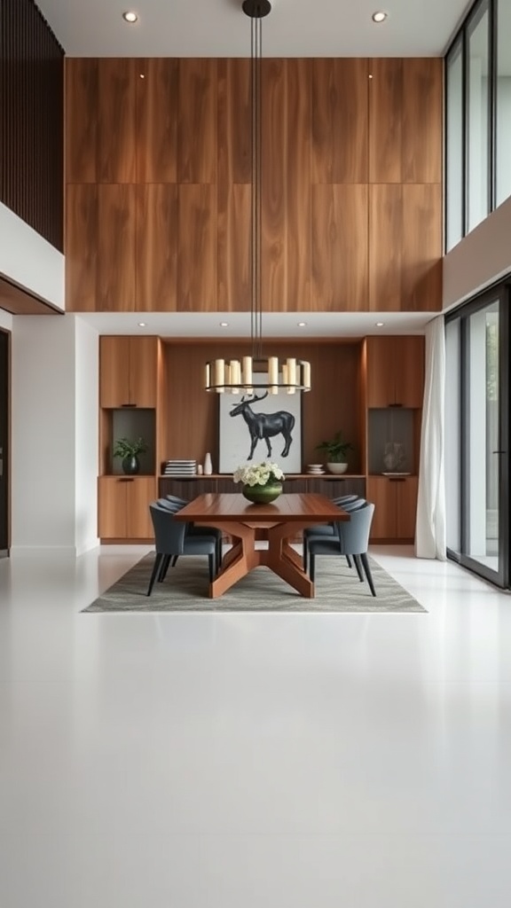 A chic japandi style dining room featuring a wooden table, modern chairs, and elegant storage solutions.