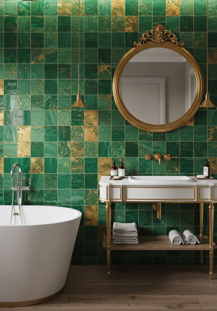 A stylish bathroom featuring a green and gold tile backsplash, elegant fixtures, and a round mirror.