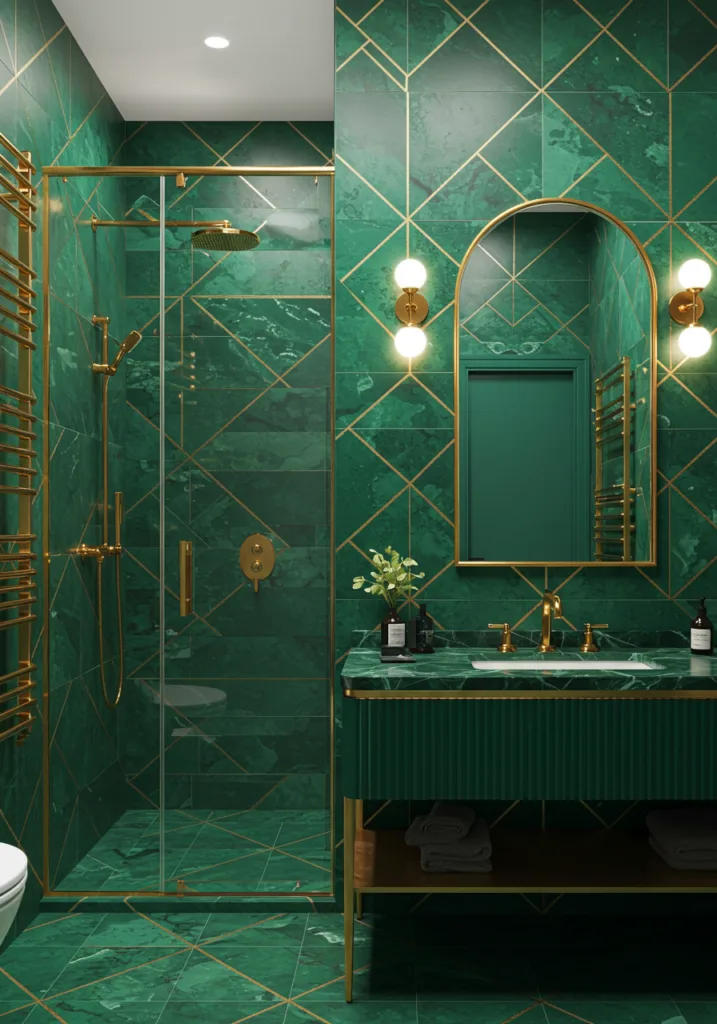 A stylish bathroom featuring geometric patterns in shades of green and gold.