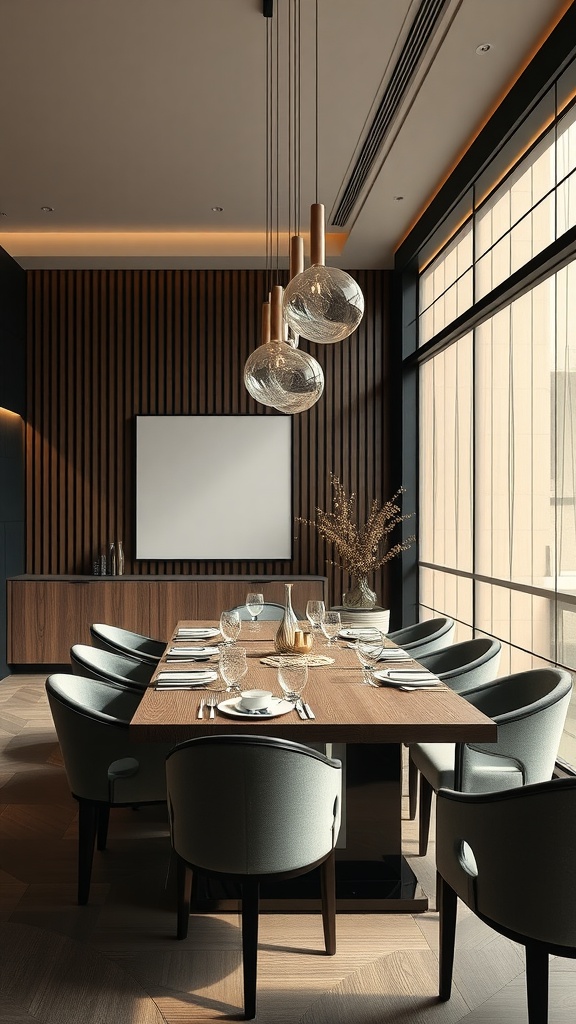 A modern japandi style dining room featuring elegant furniture and large windows.