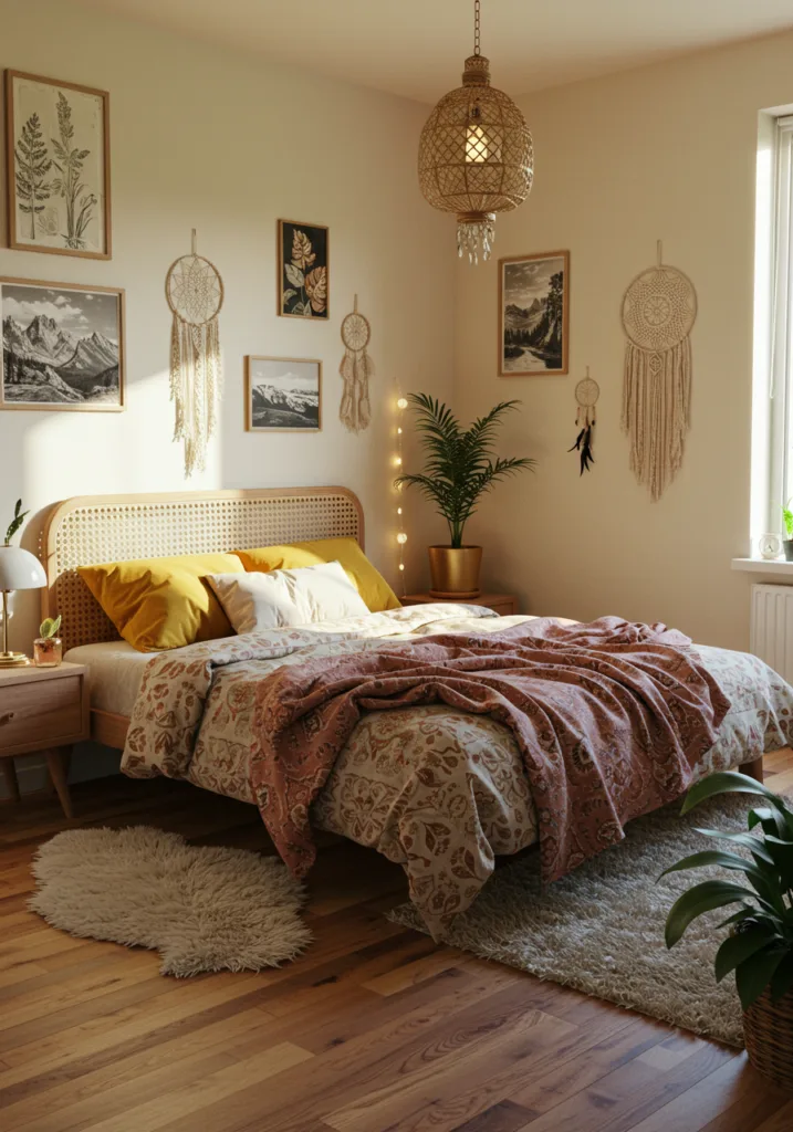 Incorporate rattan headboards, jute rugs, and reclaimed wood furniture for organic texture.