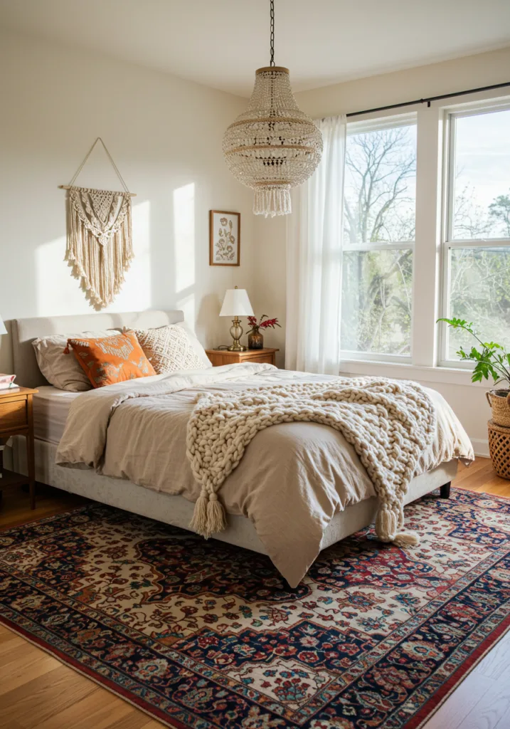Minimalist Base: Use a neutral sofa or sleek bed frame.