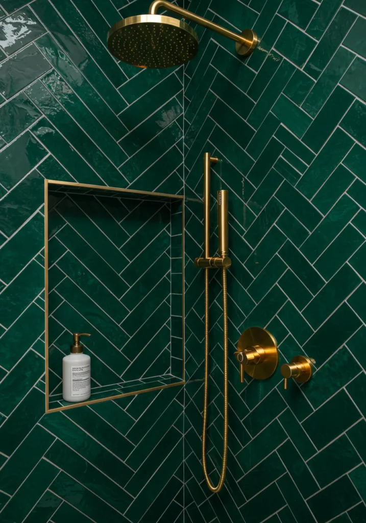 Contemporary shower niche with emerald green tiles and gold fixtures
