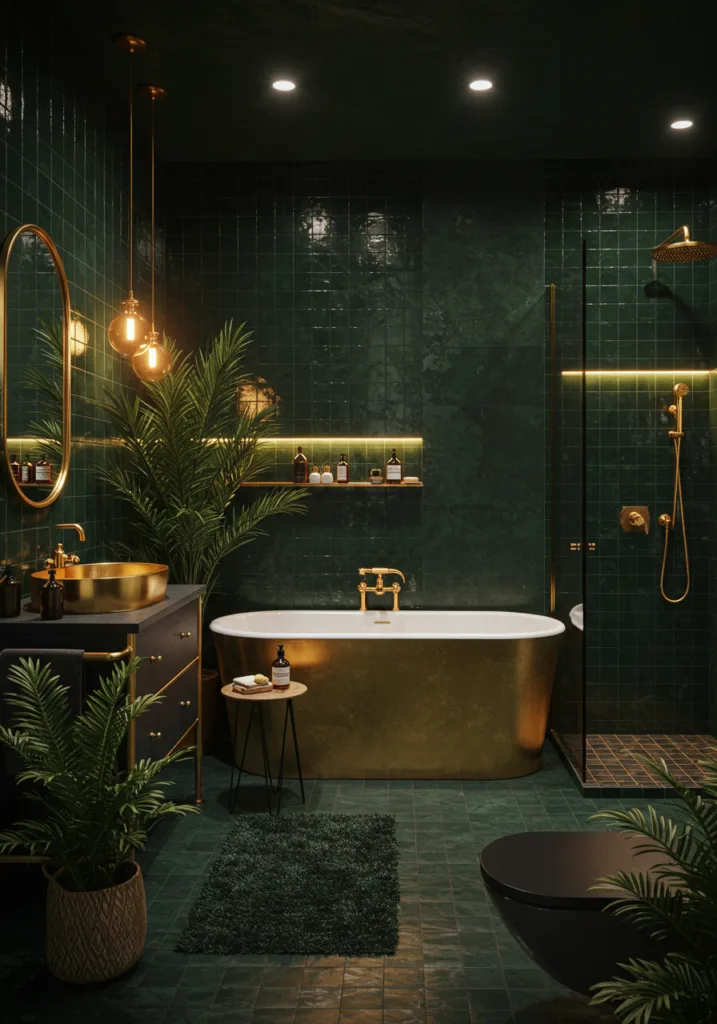 A beautifully designed bathroom featuring tropical plants, dark green and gold accents, and elegant fixtures.