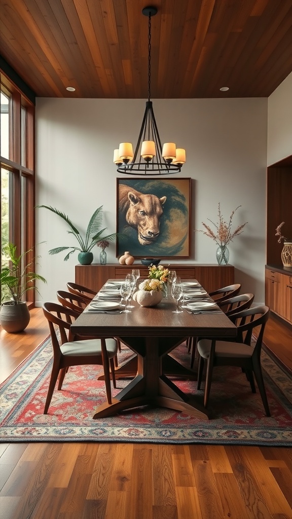 A beautifully designed japandi style dining room with a long wooden table, comfortable chairs, and warm lighting.
