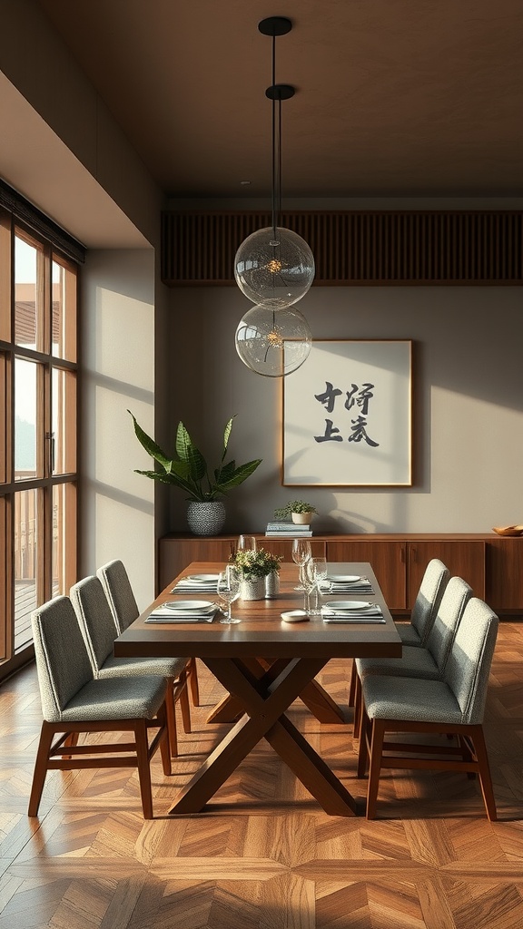 A stylish japandi style dining room with a wooden table, six chairs, and natural lighting.
