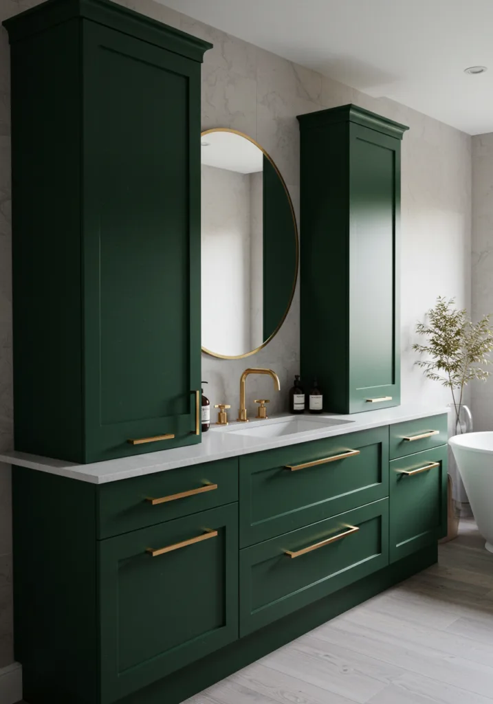 A bathroom featuring dark green cabinets with gold hardware, a round mirror, and a sleek sink.