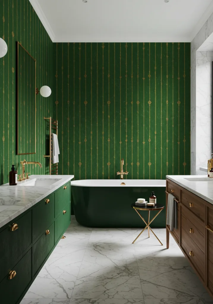 A bathroom featuring green striped wallpaper with gold accents.