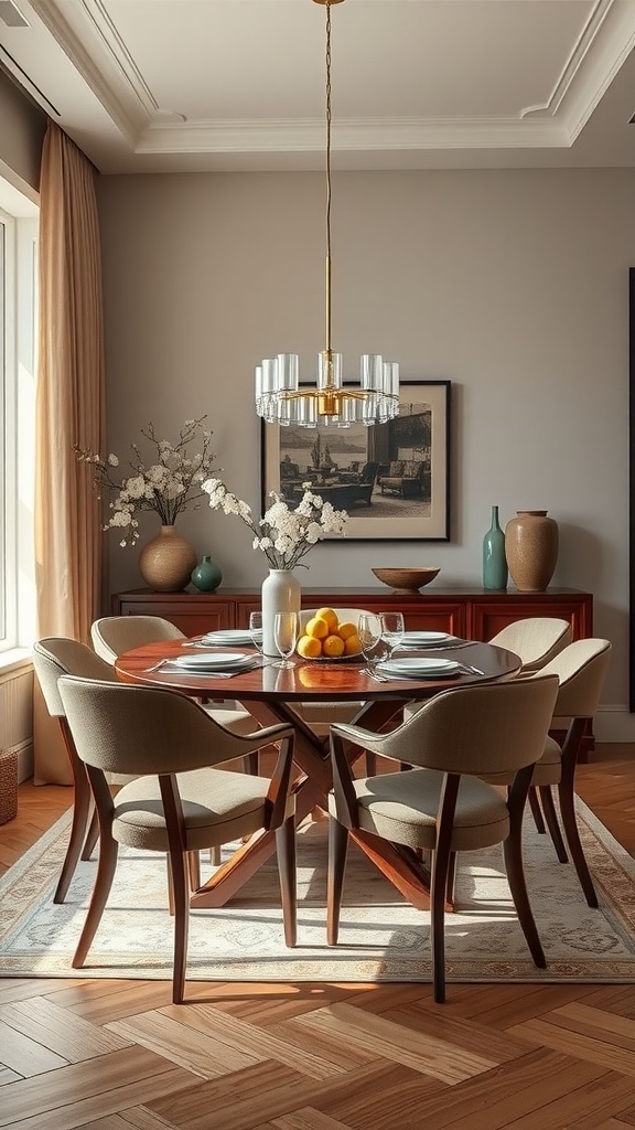 A beautifully styled japandi dining room featuring a round wooden table with elegant chairs, soft lighting, and decorative elements.