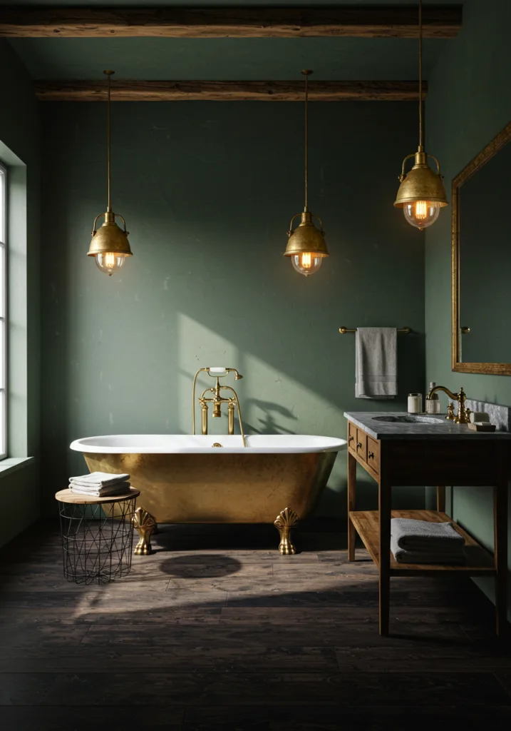 Elegant bathroom with green walls and gold lighting fixtures.