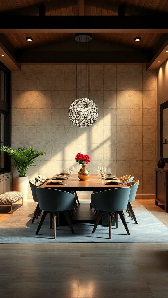 A Japandi style dining room featuring a large table, stylish chairs, and a unique pendant light.