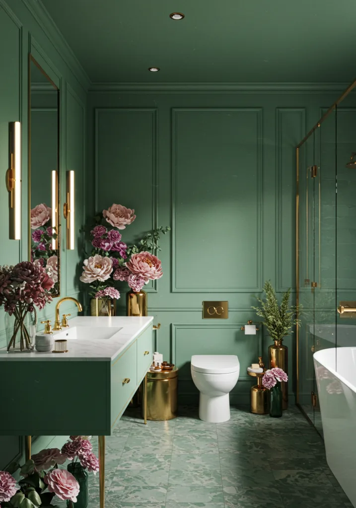 A stylish bathroom featuring succulent plants, green walls, and gold accents.